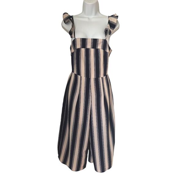 Trixxi Sleeveless Wide Leg Beige Navy Blue Ruffle Strap Summer Jumpsuit Sz S - Picture 1 of 11
